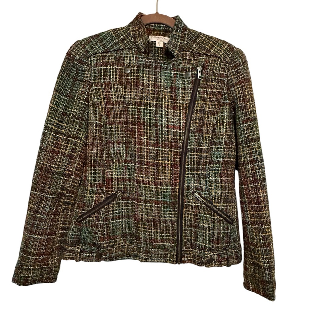 Coldwater Creek Size 8 Asymmetrical Tweed Moto Jacket Blazer Rainbow Funky Artsy